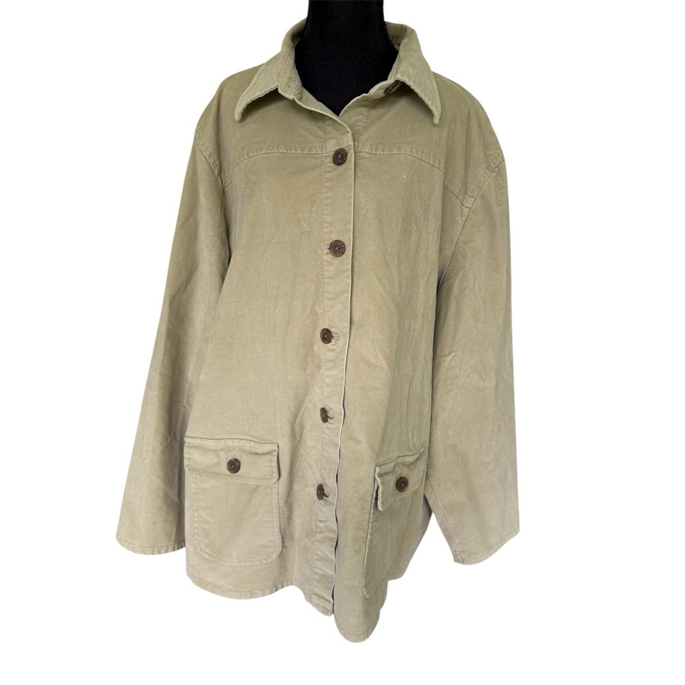 Lands End Soft Corduroy Button Up Shirt Jacket Chore Shacket 2X Pockets Beige